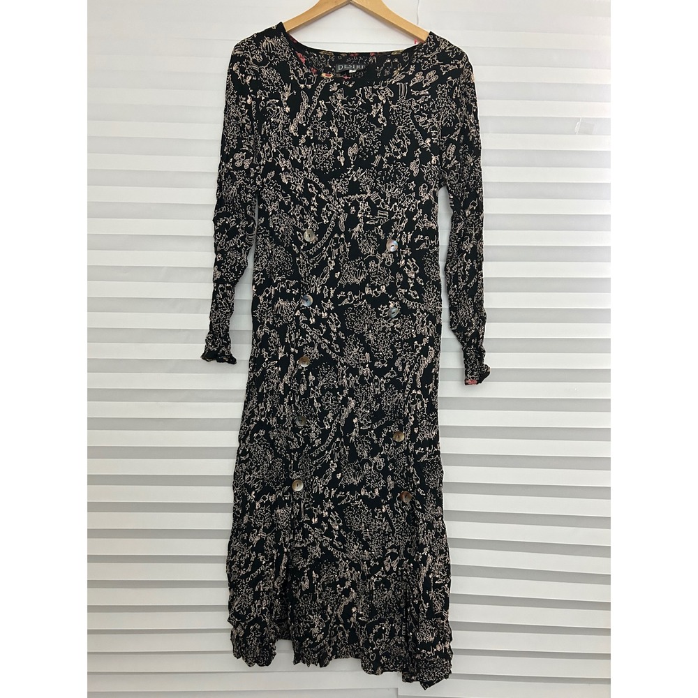 Desire Black Cream Doodle Print Long‎ Sleeve Whimsical Midi Dress Buttons S